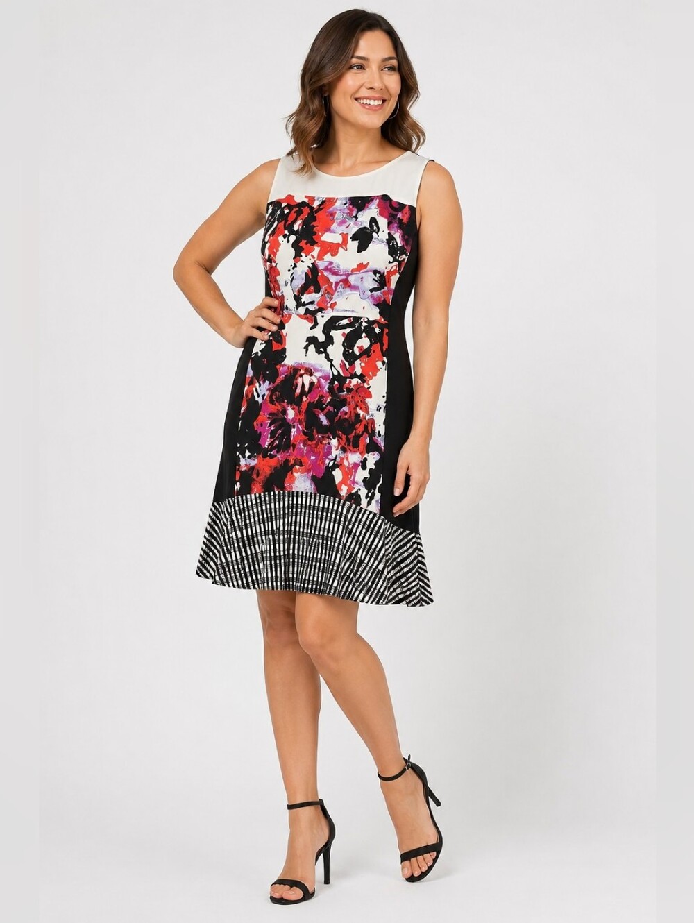 DKNYC Abstract Floral Sleeveless Dress Size 14 Ruffle Hem Stretch